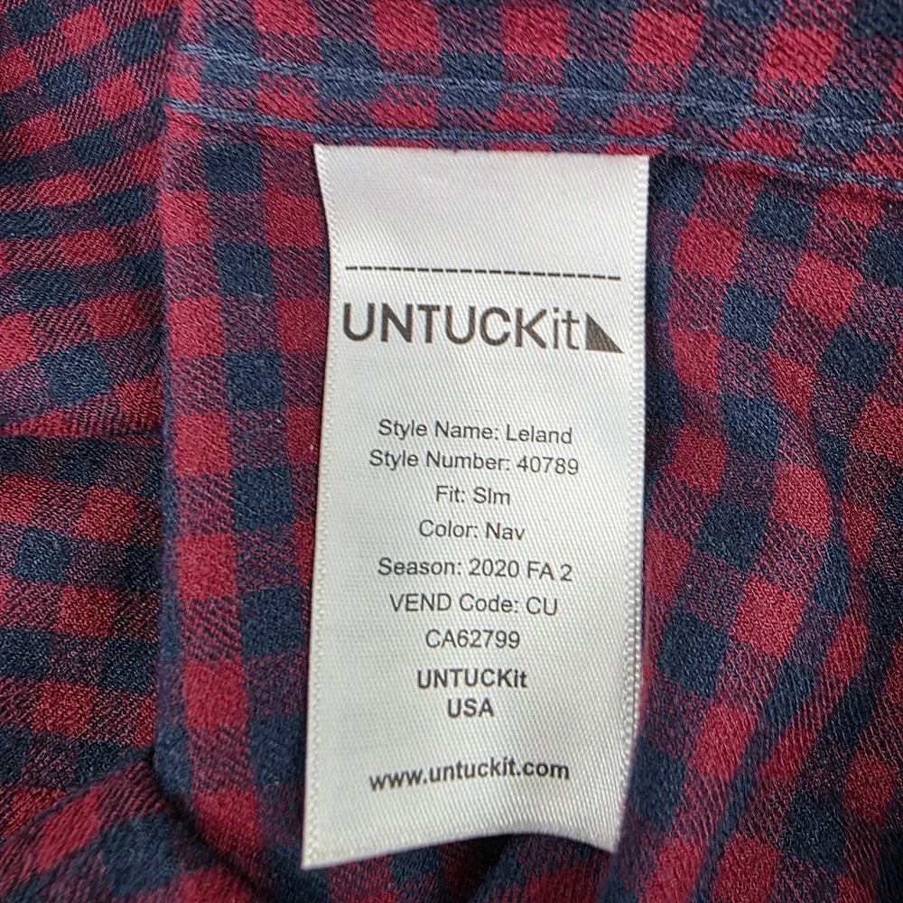 UNTUCKit Leland Flannel Shirt Mens Medium Slim Navy Burgundy Gingham Button Down - Picture 5 of 7